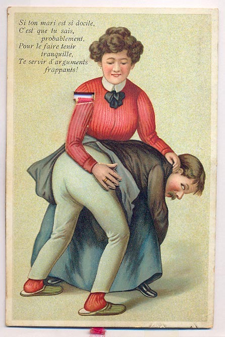 Illustration of a man bent over a woman's lap while she spanks him.