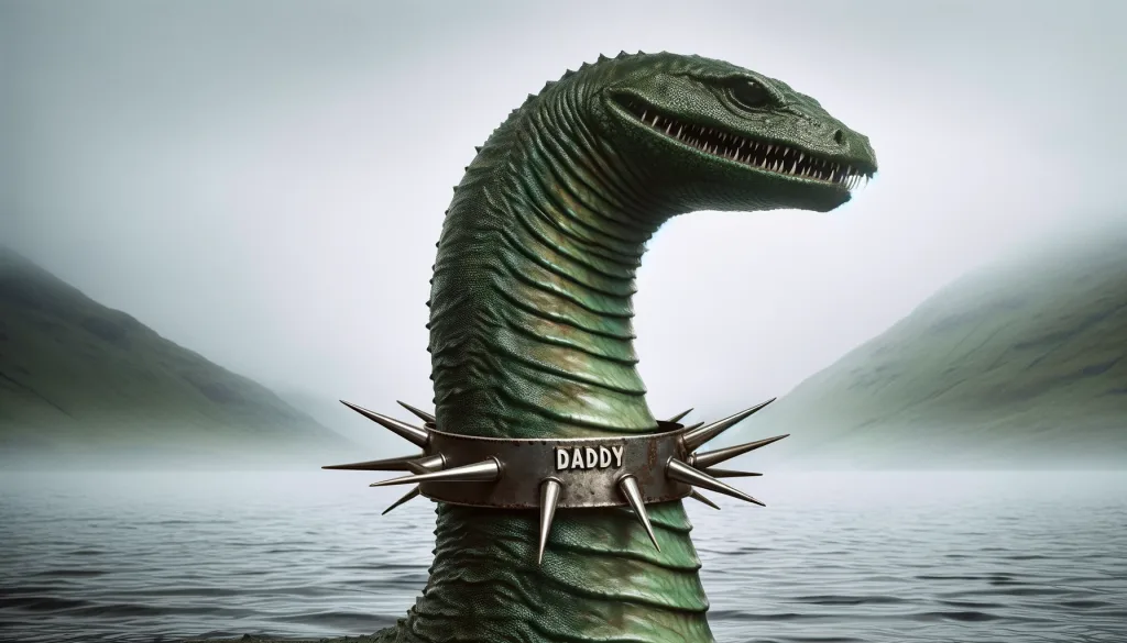 Image depicting the idea of a BDSM myth: the Loch Ness monster wearing a spiked collar