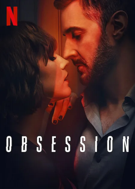 Man and woman about to kiss with the word Obsession below.