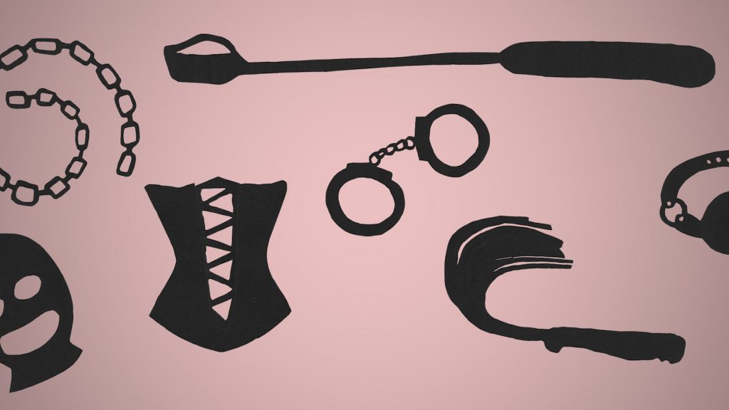 Chain, corset, handcuffs, flogger, and other BDSM gear