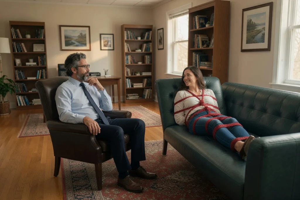 A thoughtful middle-aged man in a shirt and tie sits in a leather armchair opposite a smiling woman elaborately bound in red rope on a matching sofa in a sunlit book-lined study.